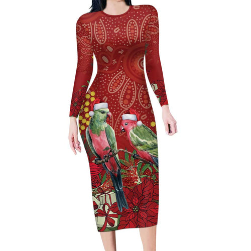 Merry Chrissie Australia King Parrots Long Sleeve Bodycon Dress Aboriginal Art - Aussie Hoodie