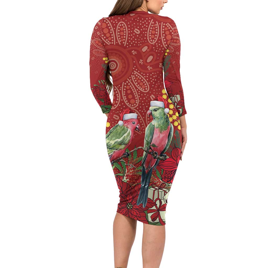 Merry Chrissie Australia King Parrots Long Sleeve Bodycon Dress Aboriginal Art - Aussie Hoodie