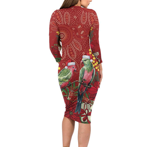 Merry Chrissie Australia King Parrots Long Sleeve Bodycon Dress Aboriginal Art - Aussie Hoodie