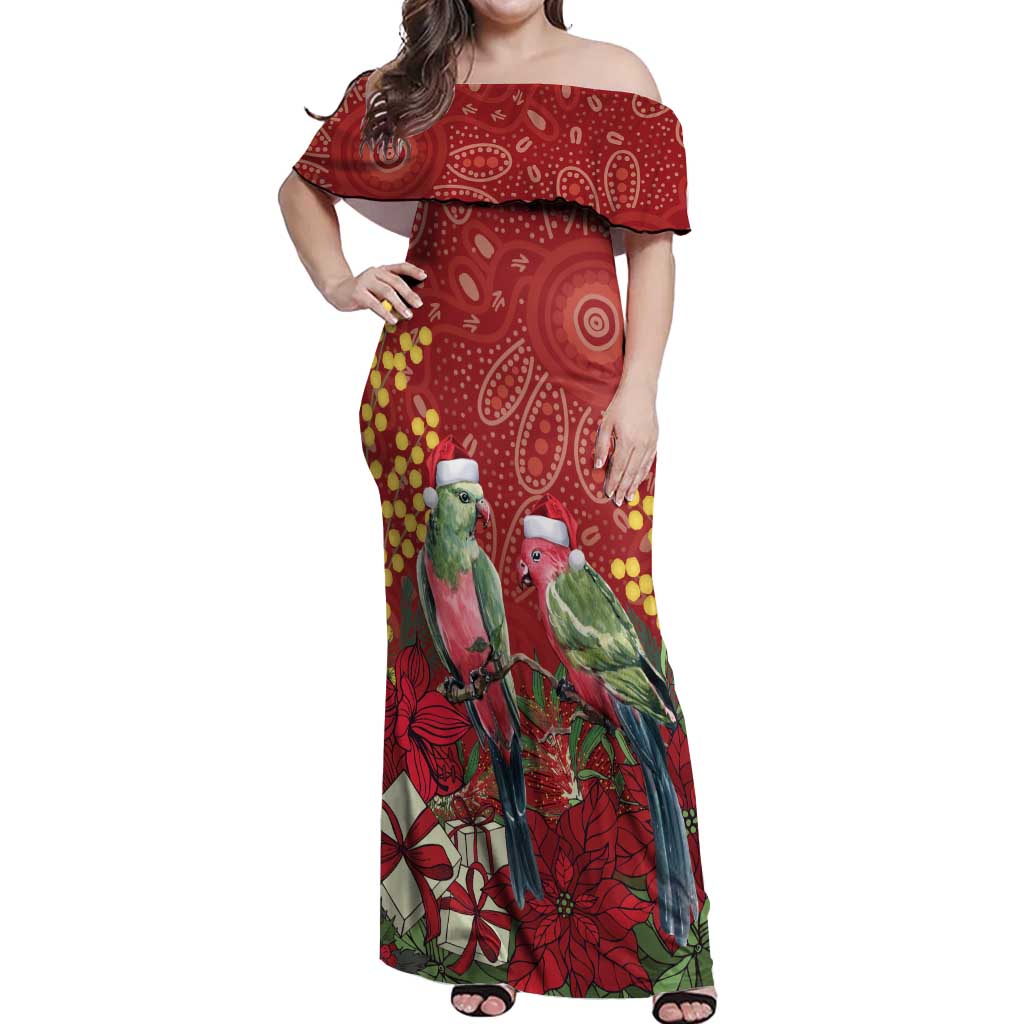Merry Chrissie Australia King Parrots Off Shoulder Maxi Dress Aboriginal Art - Aussie Hoodie
