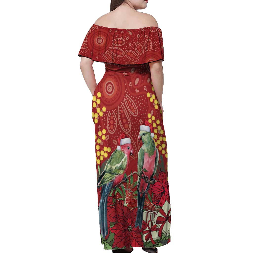 Merry Chrissie Australia King Parrots Off Shoulder Maxi Dress Aboriginal Art - Aussie Hoodie