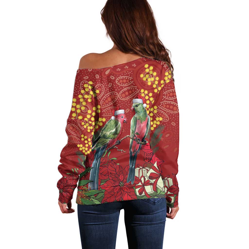 Merry Chrissie Australia King Parrots Off Shoulder Sweater Aboriginal Art - Aussie Hoodie