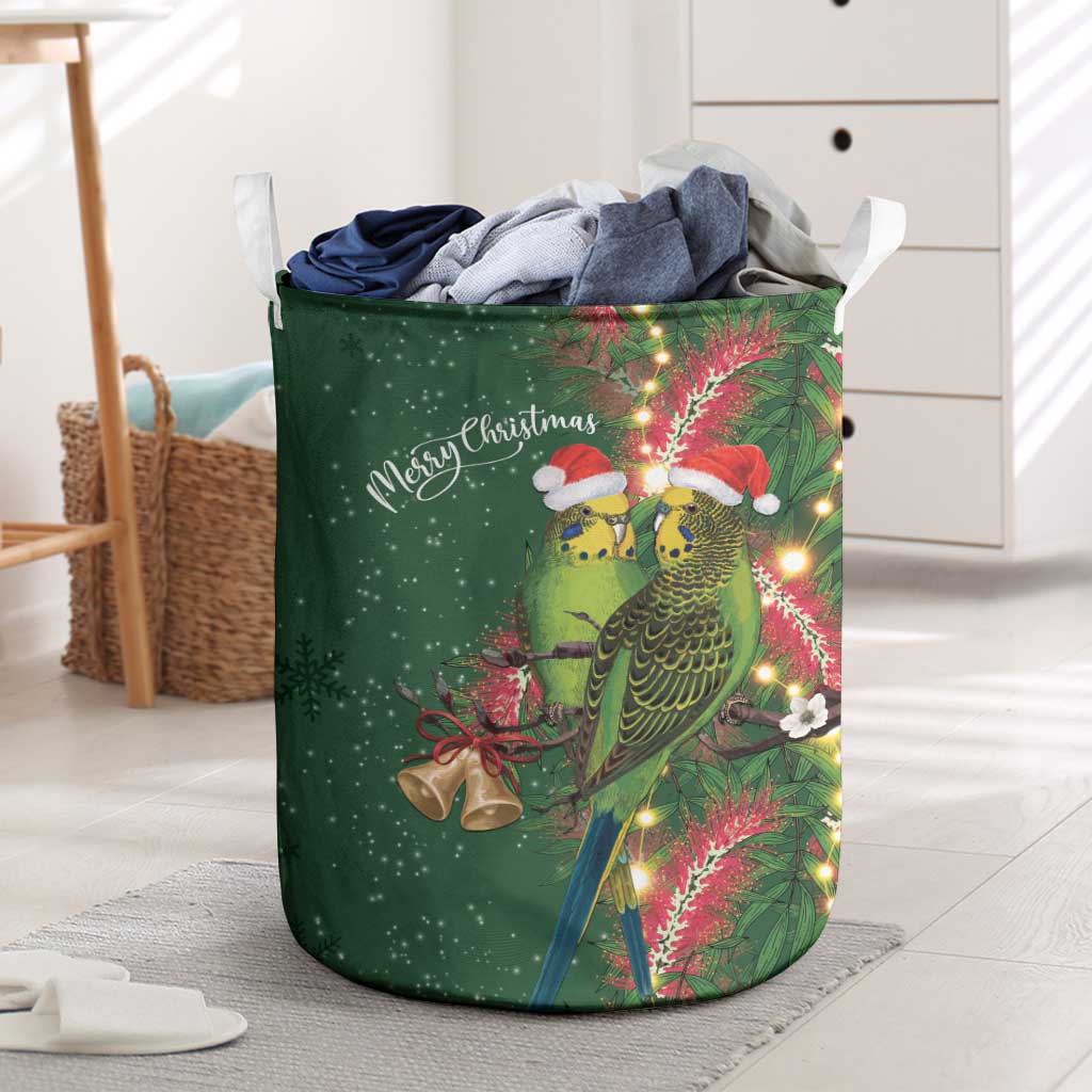 Green Budgerigars on Callistemon Laundry Basket Merry Christmas Aussie - Aussie Hoodie