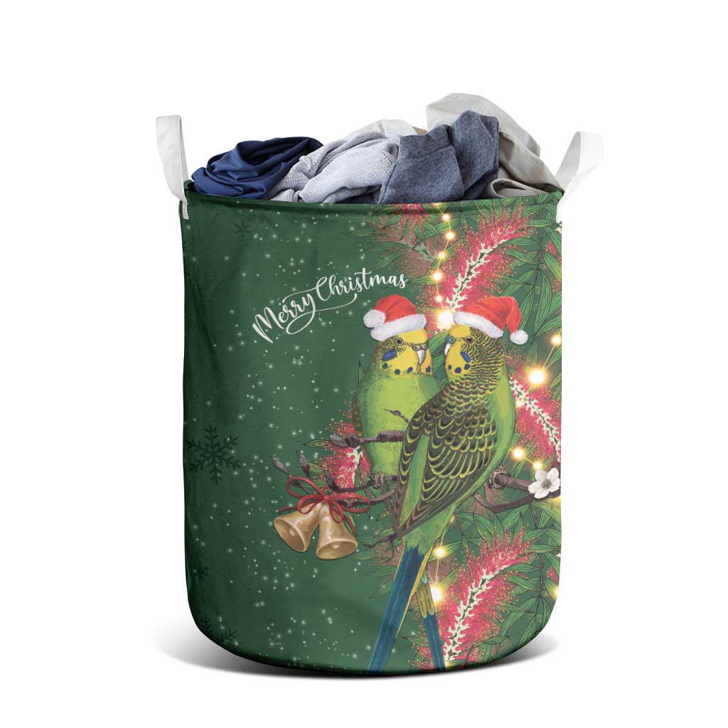Green Budgerigars on Callistemon Laundry Basket Merry Christmas Aussie - Aussie Hoodie