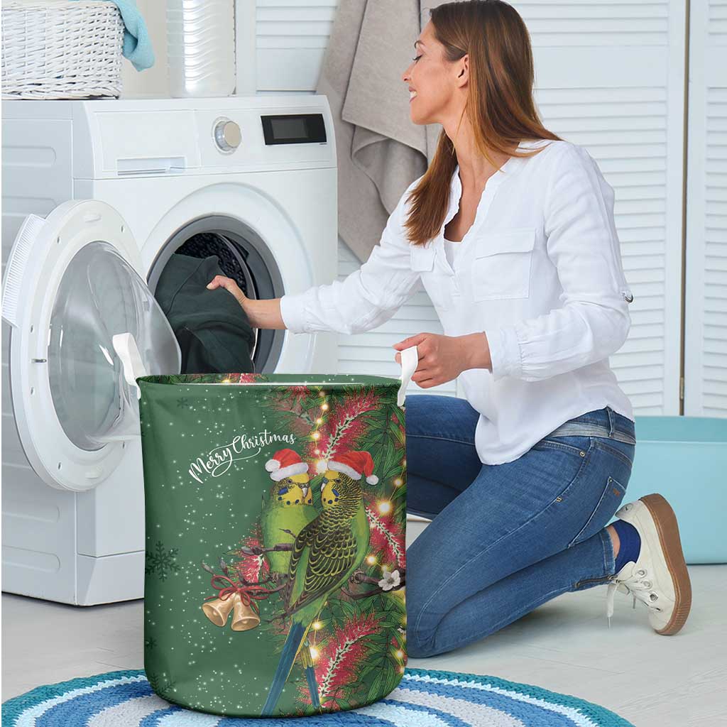 Green Budgerigars on Callistemon Laundry Basket Merry Christmas Aussie - Aussie Hoodie