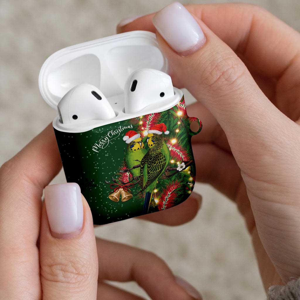 Green Budgerigars on Callistemon AirPods Case Merry Christmas Aussie - Aussie Hoodie