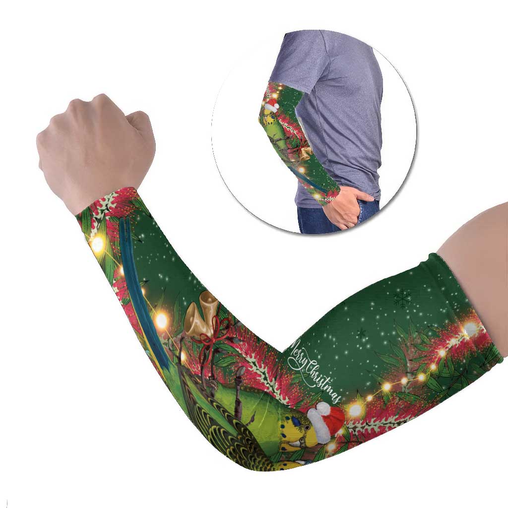 Green Budgerigars on Callistemon Arm Sleeves Merry Christmas Aussie - Aussie Hoodie