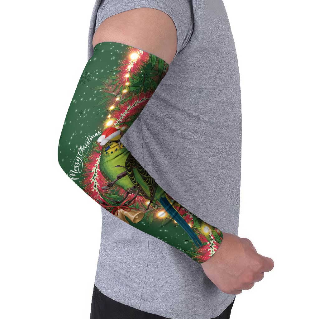 Green Budgerigars on Callistemon Arm Sleeves Merry Christmas Aussie - Aussie Hoodie