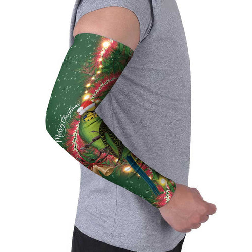 Green Budgerigars on Callistemon Arm Sleeves Merry Christmas Aussie - Aussie Hoodie