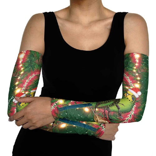 Green Budgerigars on Callistemon Arm Sleeves Merry Christmas Aussie - Aussie Hoodie