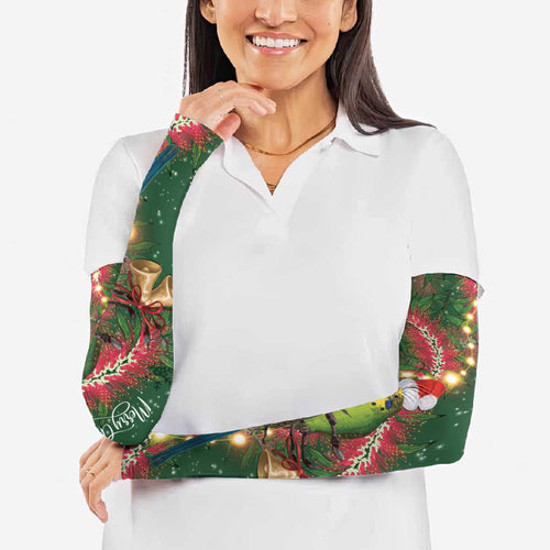 Green Budgerigars on Callistemon Arm Sleeves Merry Christmas Aussie - Aussie Hoodie