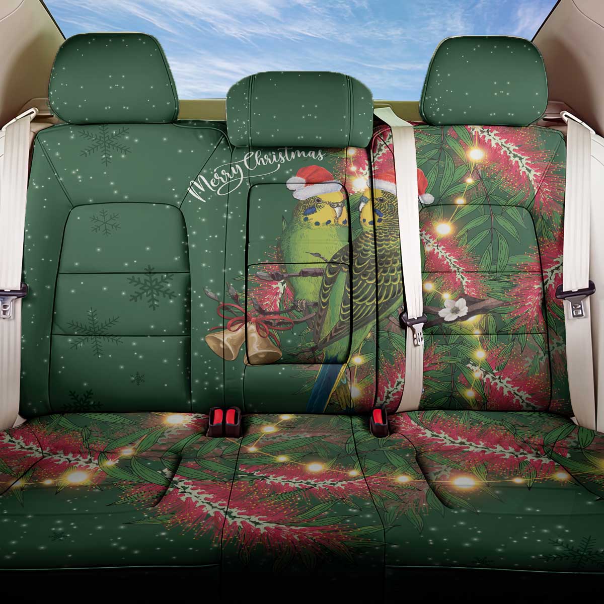 Green Budgerigars on Callistemon Back Car Seat Cover Merry Christmas Aussie - Aussie Hoodie