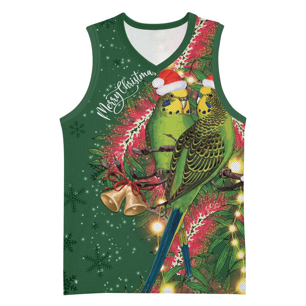 Green Budgerigars on Callistemon Basketball Jersey Merry Christmas Aussie - Aussie Hoodie