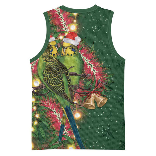 Green Budgerigars on Callistemon Basketball Jersey Merry Christmas Aussie - Aussie Hoodie