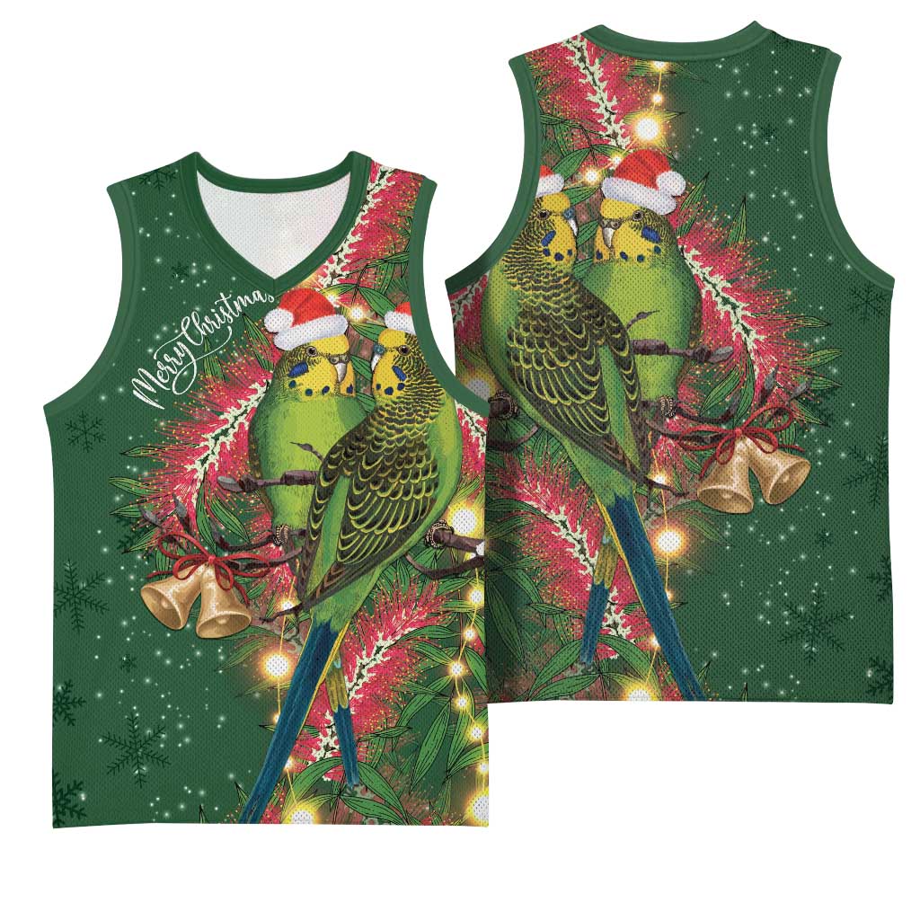 Green Budgerigars on Callistemon Basketball Jersey Merry Christmas Aussie - Aussie Hoodie