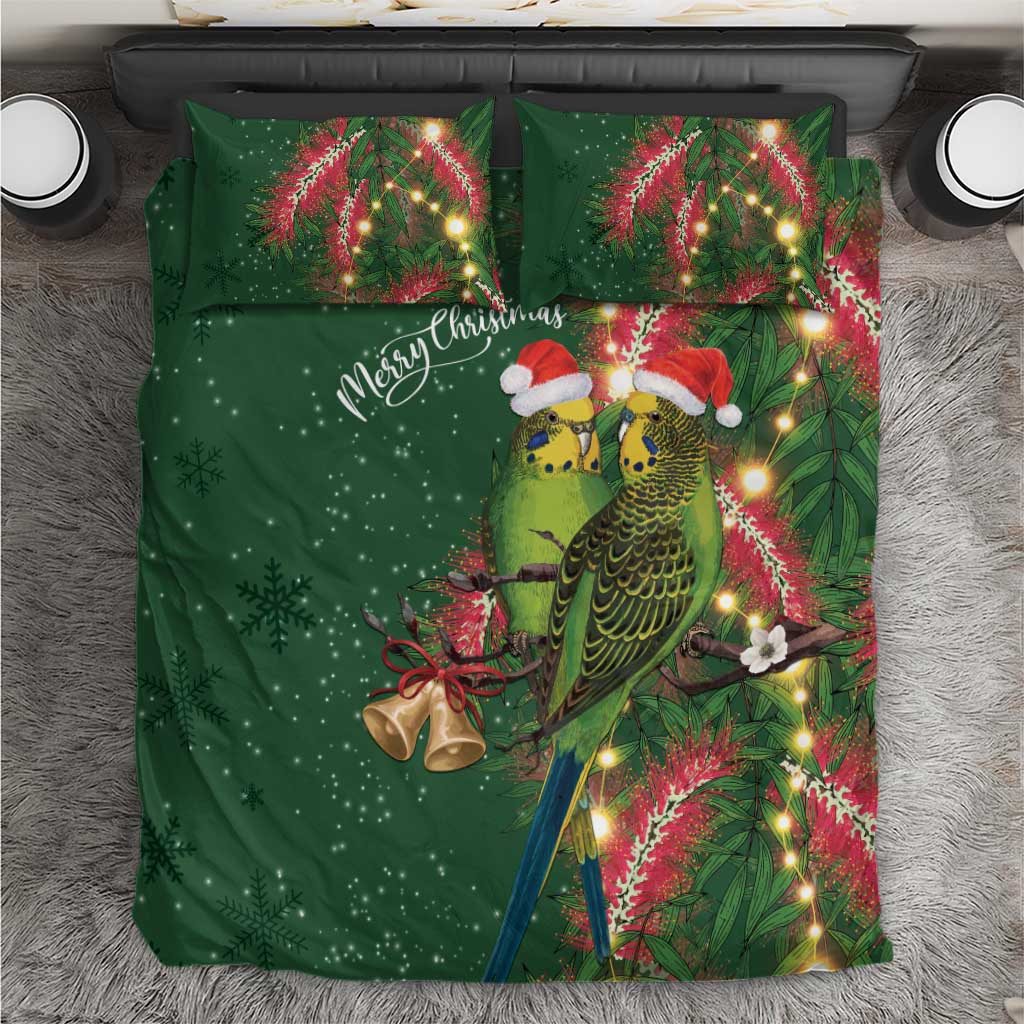 Green Budgerigars on Callistemon Bedding Set Merry Christmas Aussie - Aussie Hoodie