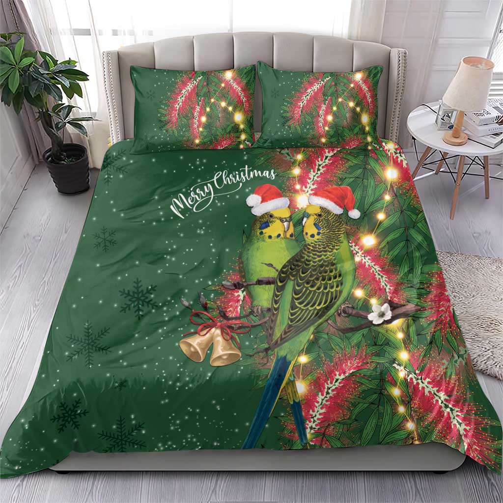 Green Budgerigars on Callistemon Bedding Set Merry Christmas Aussie - Aussie Hoodie