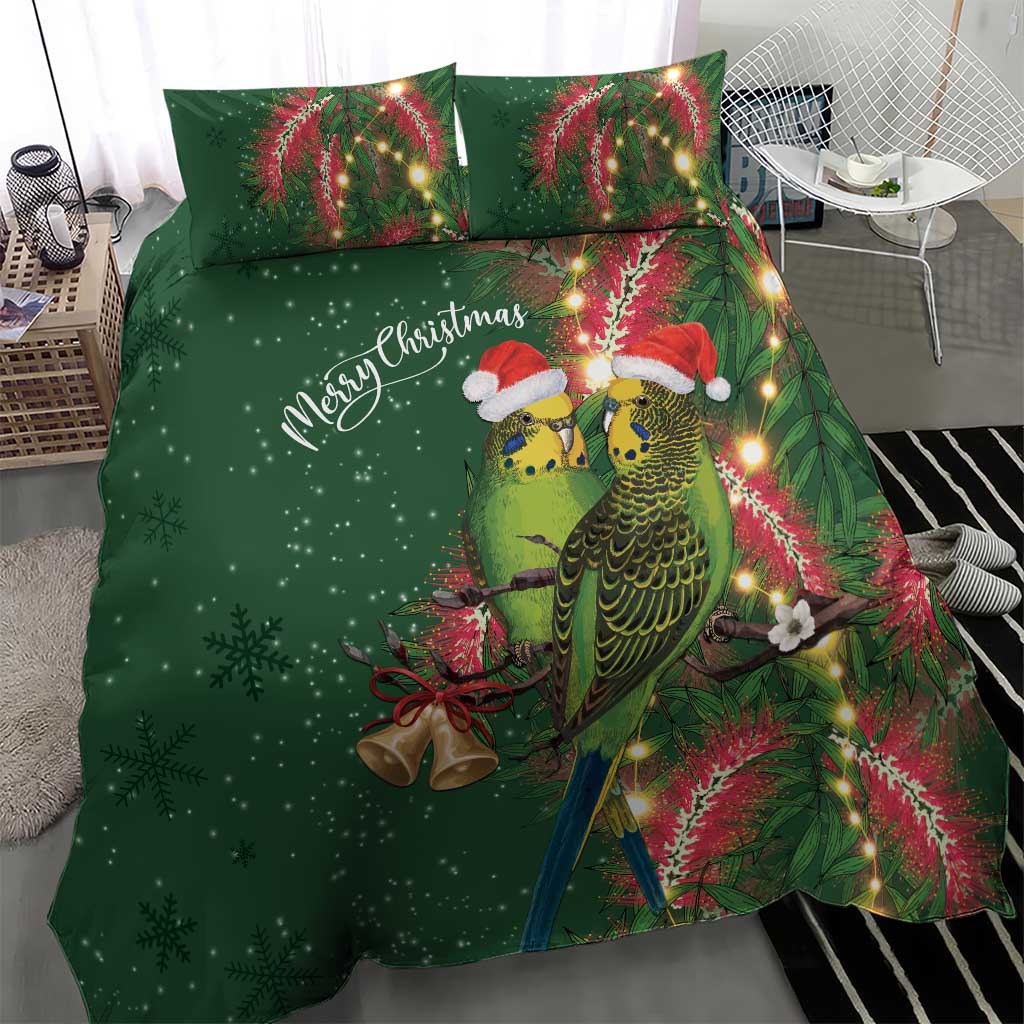 Green Budgerigars on Callistemon Bedding Set Merry Christmas Aussie - Aussie Hoodie