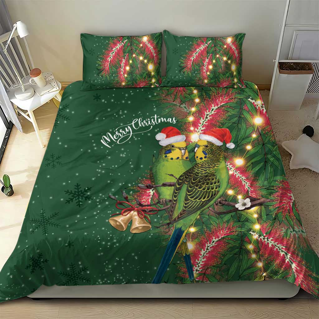 Green Budgerigars on Callistemon Bedding Set Merry Christmas Aussie - Aussie Hoodie
