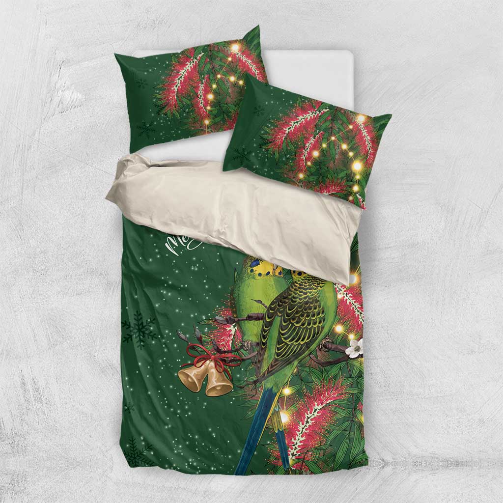 Green Budgerigars on Callistemon Bedding Set Merry Christmas Aussie - Aussie Hoodie