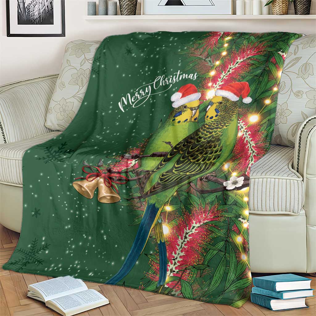 Green Budgerigars on Callistemon Blanket Merry Christmas Aussie - Aussie Hoodie