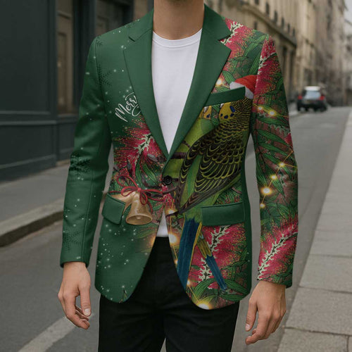 Green Budgerigars on Callistemon Blazer Merry Christmas Aussie - Aussie Hoodie