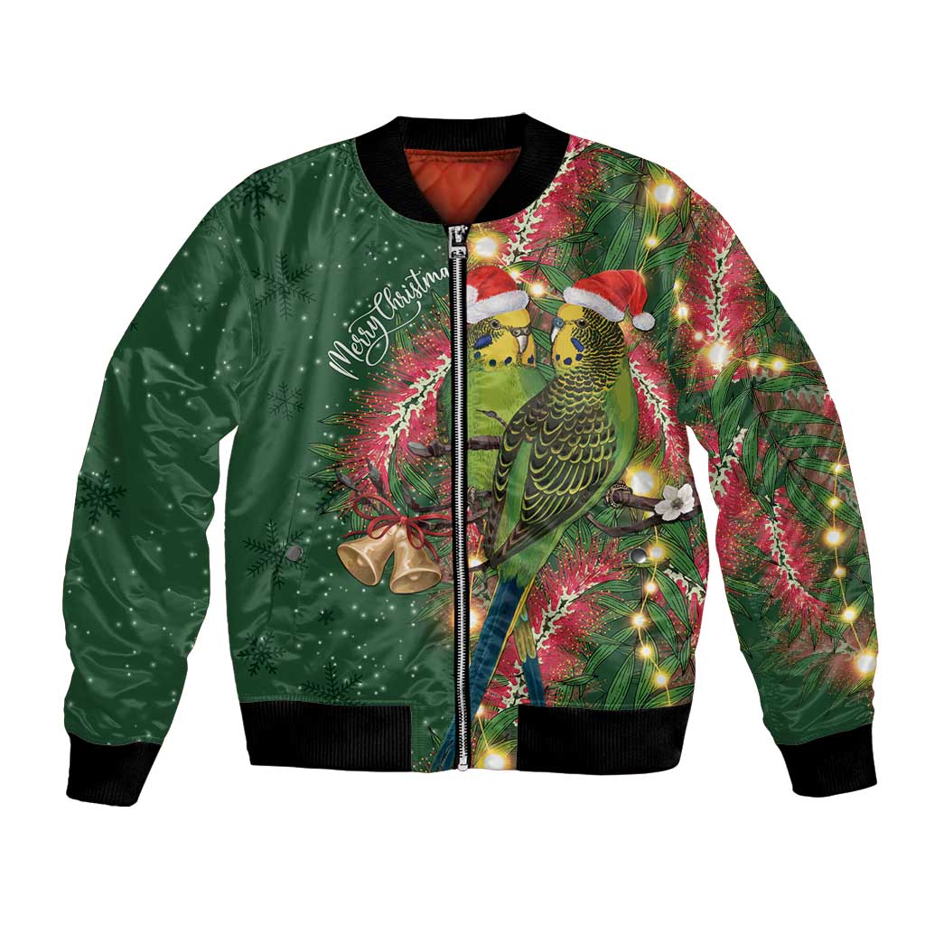 Green Budgerigars on Callistemon Bomber Jacket Merry Christmas Aussie - Aussie Hoodie
