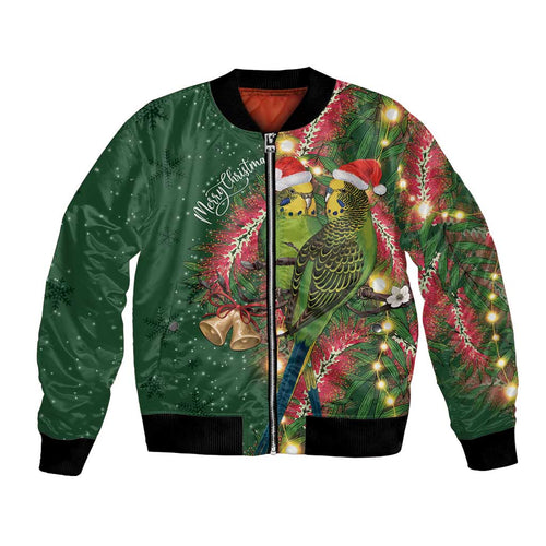 Green Budgerigars on Callistemon Bomber Jacket Merry Christmas Aussie - Aussie Hoodie