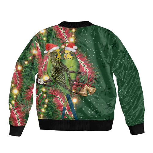 Green Budgerigars on Callistemon Bomber Jacket Merry Christmas Aussie - Aussie Hoodie