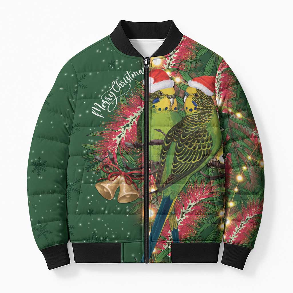 Green Budgerigars on Callistemon Bomber Puffer Jacket Merry Christmas Aussie - Aussie Hoodie
