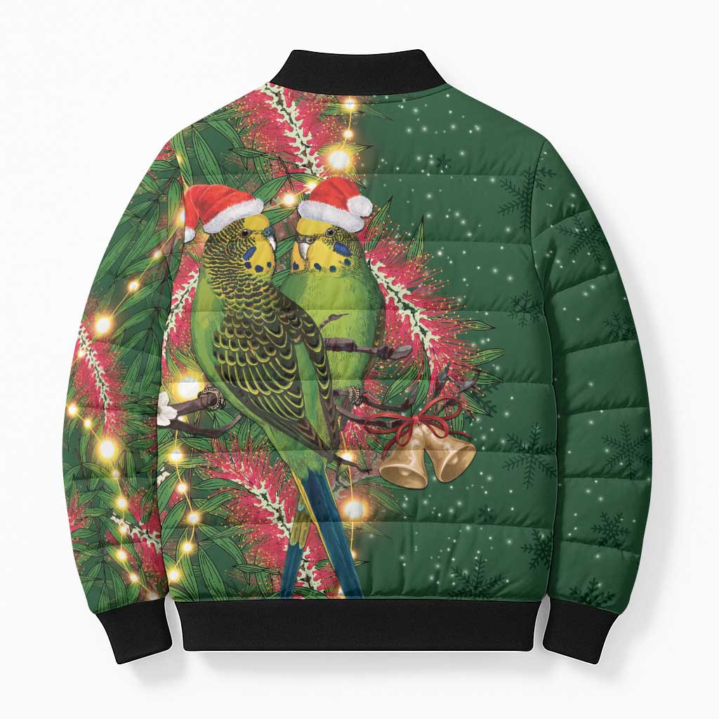 Green Budgerigars on Callistemon Bomber Puffer Jacket Merry Christmas Aussie - Aussie Hoodie