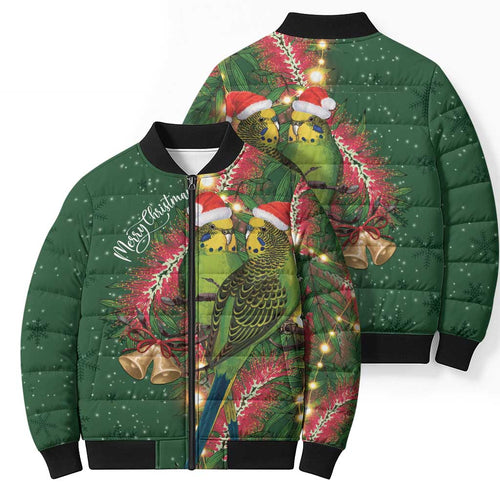 Green Budgerigars on Callistemon Bomber Puffer Jacket Merry Christmas Aussie - Aussie Hoodie