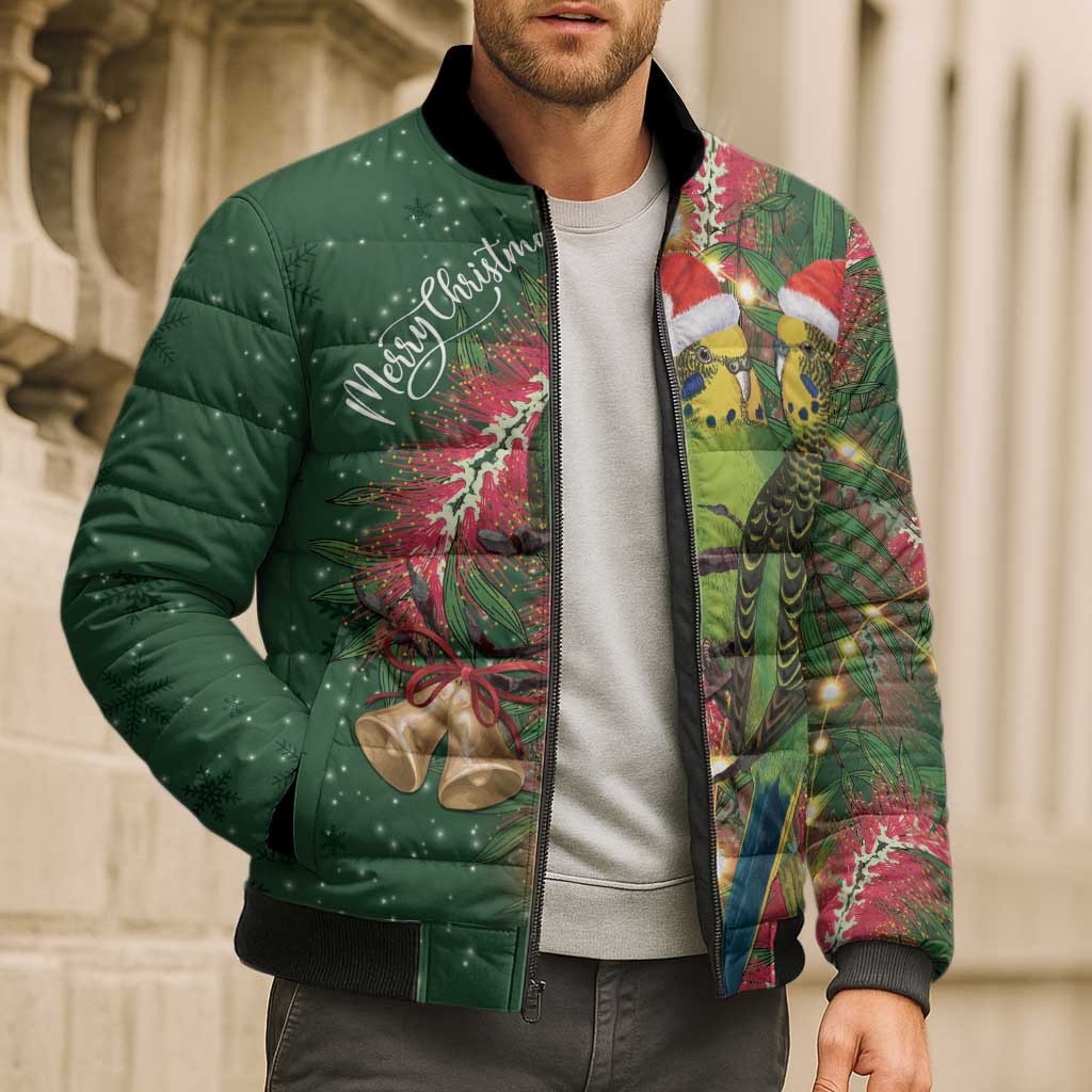 Green Budgerigars on Callistemon Bomber Puffer Jacket Merry Christmas Aussie - Aussie Hoodie