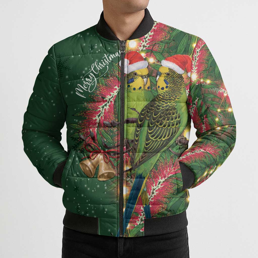 Green Budgerigars on Callistemon Bomber Puffer Jacket Merry Christmas Aussie - Aussie Hoodie