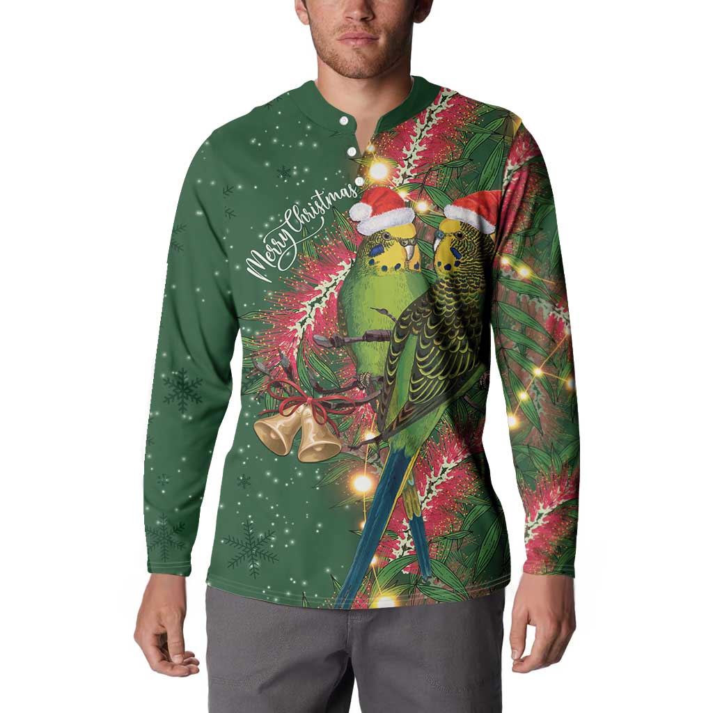 Green Budgerigars on Callistemon Button Sweatshirt Merry Christmas Aussie - Aussie Hoodie
