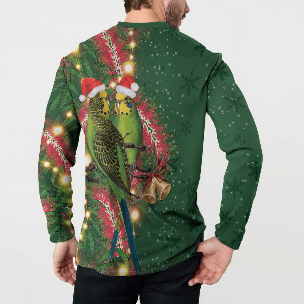 Green Budgerigars on Callistemon Button Sweatshirt Merry Christmas Aussie - Aussie Hoodie