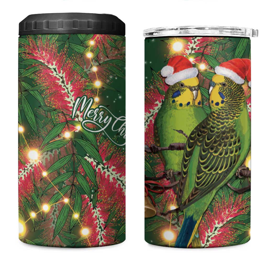 Green Budgerigars on Callistemon 4 in 1 Can Cooler Tumbler Merry Christmas Aussie - Aussie Hoodie