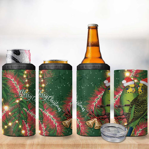 Green Budgerigars on Callistemon 4 in 1 Can Cooler Tumbler Merry Christmas Aussie - Aussie Hoodie