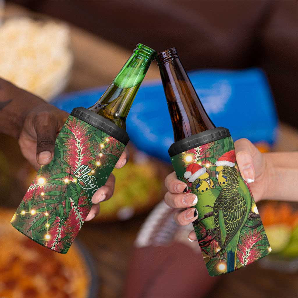 Green Budgerigars on Callistemon 4 in 1 Can Cooler Tumbler Merry Christmas Aussie - Aussie Hoodie