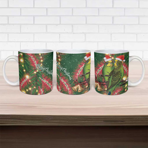 Green Budgerigars on Callistemon Ceramic Mug Merry Christmas Aussie - Aussie Hoodie
