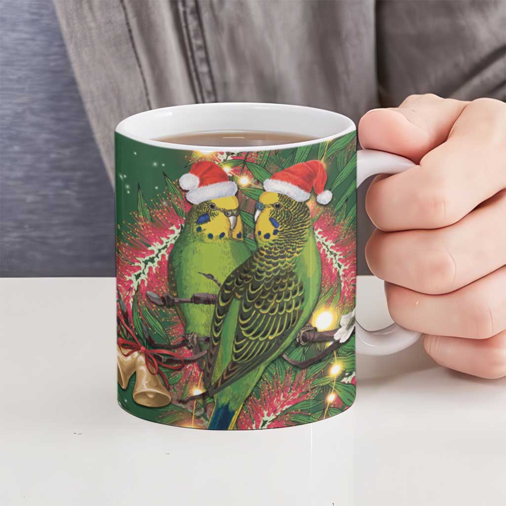 Green Budgerigars on Callistemon Ceramic Mug Merry Christmas Aussie - Aussie Hoodie
