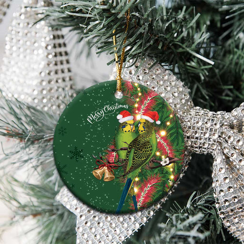Green Budgerigars on Callistemon Merry Christmas Aussie Ceramic Ornament - Aussie Hoodie