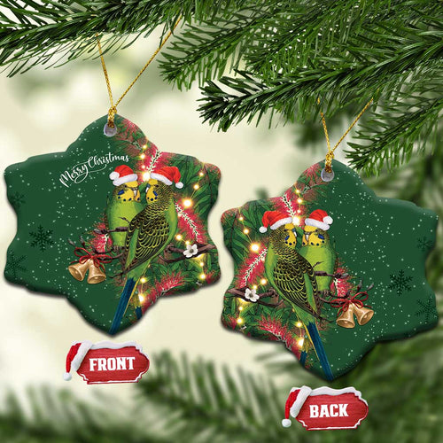 Green Budgerigars on Callistemon Merry Christmas Aussie Ceramic Ornament - Aussie Hoodie