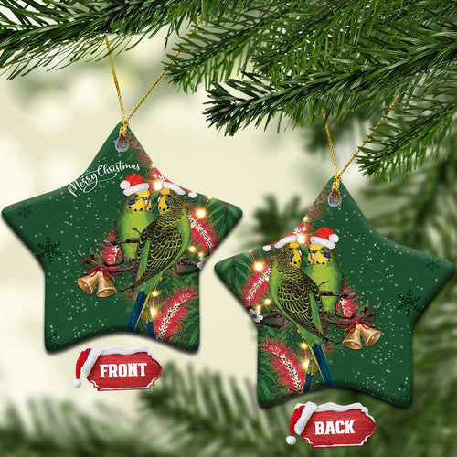 Green Budgerigars on Callistemon Merry Christmas Aussie Ceramic Ornament - Aussie Hoodie