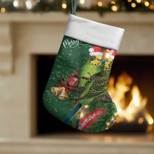 Green Budgerigars on Callistemon Merry Christmas Aussie Christmas Stocking - Aussie Hoodie