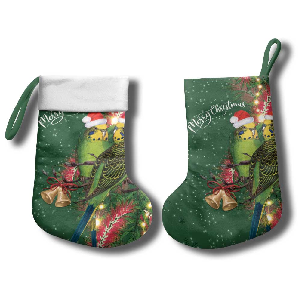 Green Budgerigars on Callistemon Merry Christmas Aussie Christmas Stocking - Aussie Hoodie