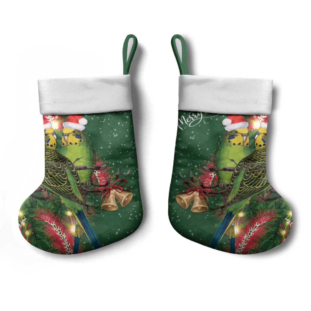 Green Budgerigars on Callistemon Merry Christmas Aussie Christmas Stocking - Aussie Hoodie
