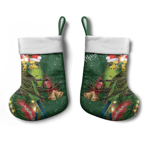 Green Budgerigars on Callistemon Merry Christmas Aussie Christmas Stocking - Aussie Hoodie
