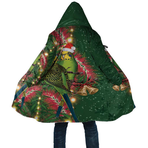Green Budgerigars on Callistemon Cloak Merry Christmas Aussie - Aussie Hoodie