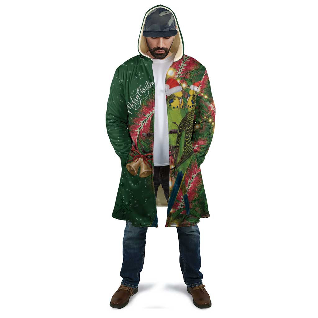 Green Budgerigars on Callistemon Cloak Merry Christmas Aussie - Aussie Hoodie